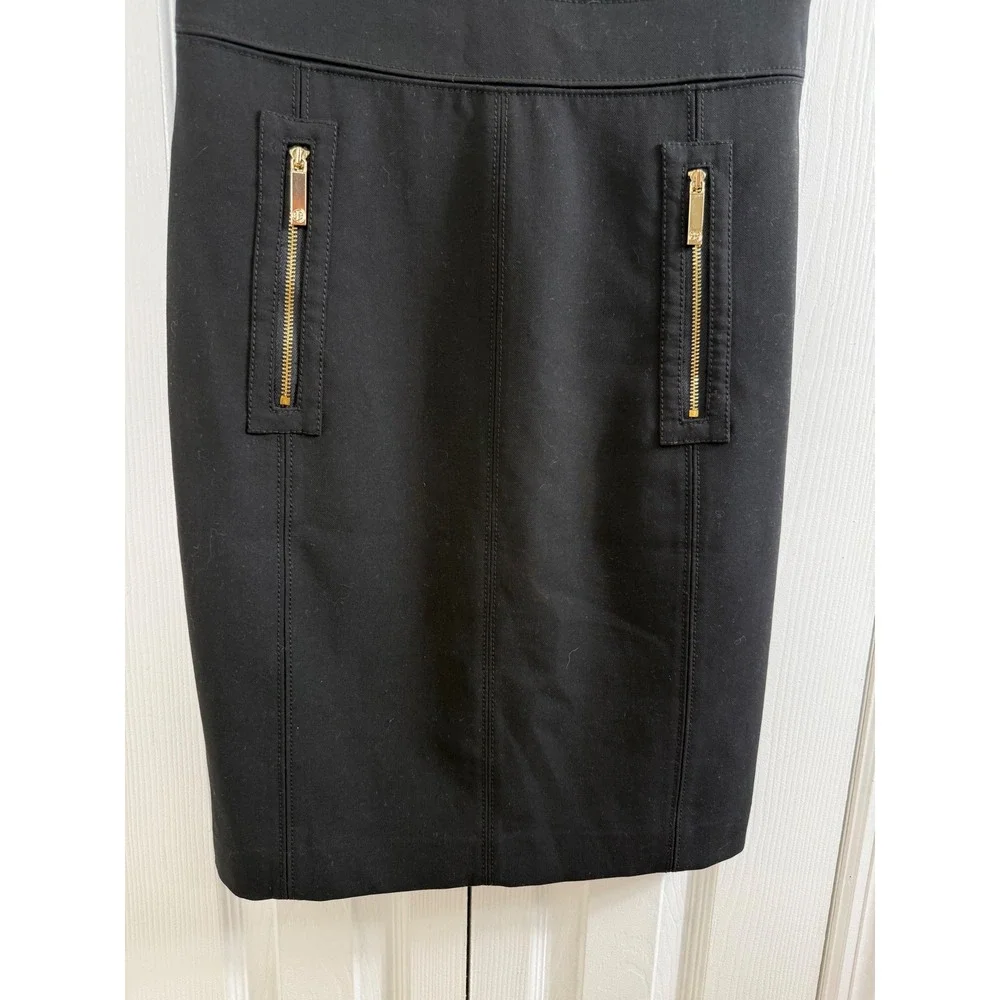 Tory Burch Sheath Dress Size 2 Black Gold Zip Minimalist Corporate Chic LBD